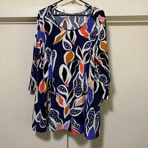 Wild & pretty, long sleeve navy tunic w/large colorful drops, size 1X/2X